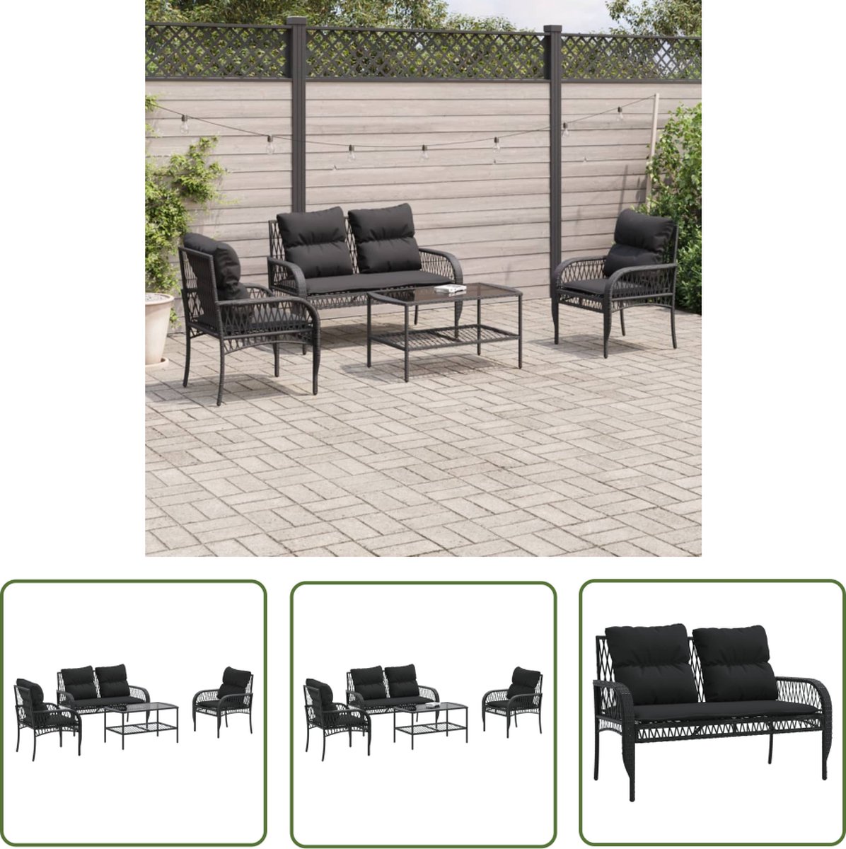 The Living Store 4-delige Loungeset met kussens poly rattan zwart - Loungebank - Lounge Set - Buitendecoratie - Tuinmeubilair - PE-rattan