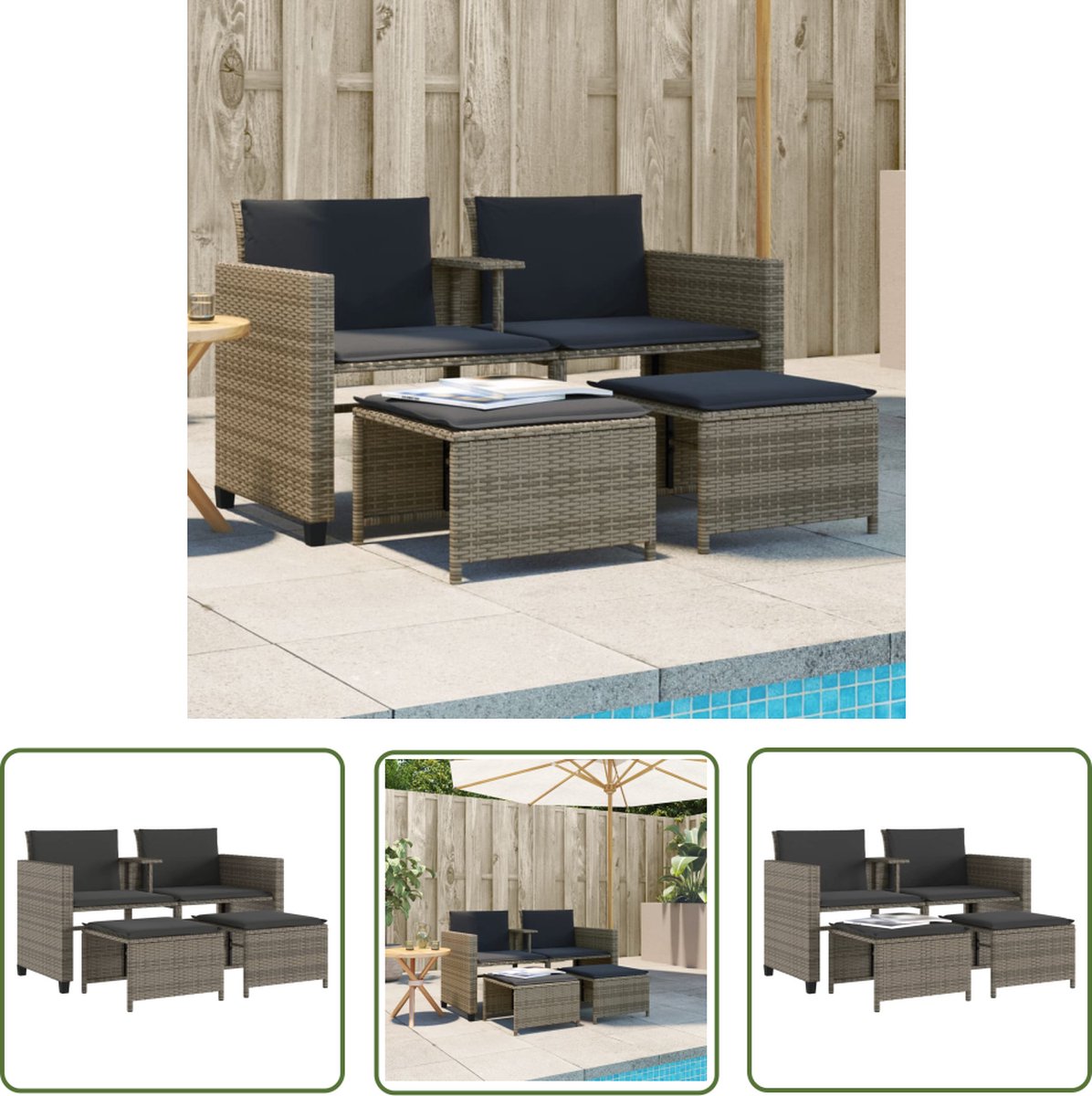 The Living Store Tuinbank 2-zits met tafel en voetenbanken poly rattan grijs - Tuinbank - 2 Persoons Tuinset - Lounge Set - Buitendecoratie - Terrasdecoratie