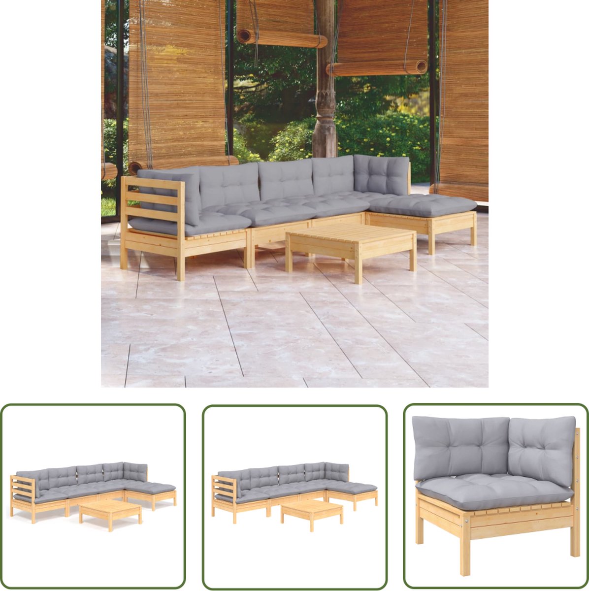 The Living Store 6-delige Loungeset met grijze kussens grenenhout - Loungebank - Lounge Set - Tuinmeubilair - Hout Meubel - Grenenhout