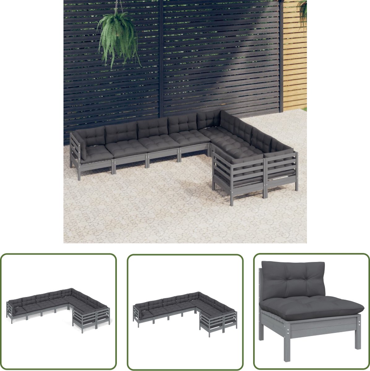 The Living Store 9-delige Loungeset met kussens grenenhout grijs - Loungeset - Tuinset - Hout Meubel - Tuin Lounge - Buis Bank