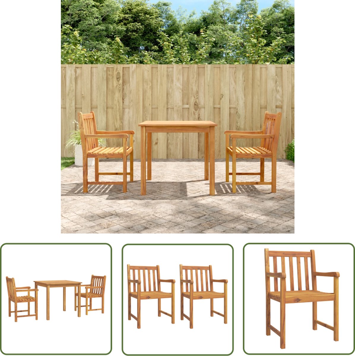 Massief acaciahouten tuinbank en tafel set in buitenomgeving.