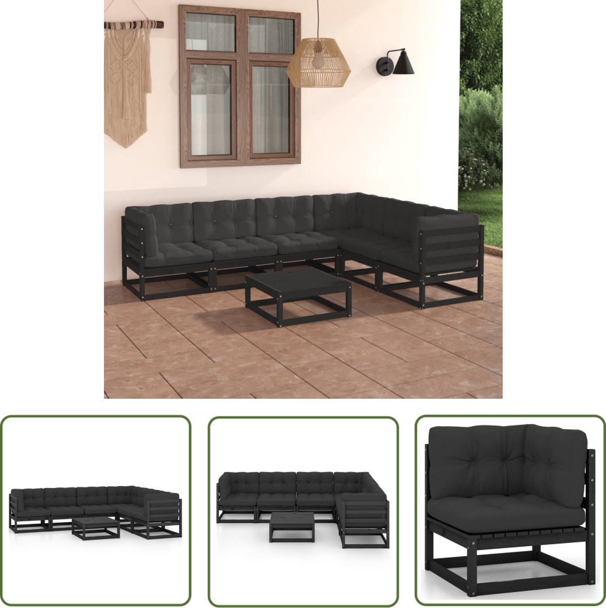 The Living Store 7-delige Loungeset met kussens massief grenenhout zwart - Tuin Lounge Set - Loungestoel - Houten Tuinstoel - Buitendecoratie - Veranda Decoratie
