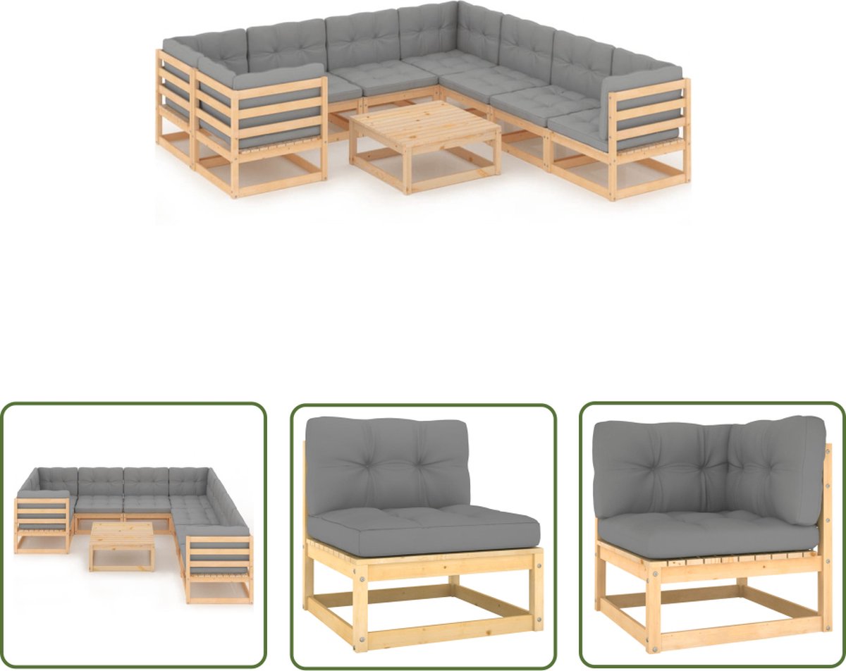 The Living Store 9-delige Loungeset met kussens massief grenenhout - Loungeset - Tuinset - Houten Lounge - Grenenhout - Loungebank