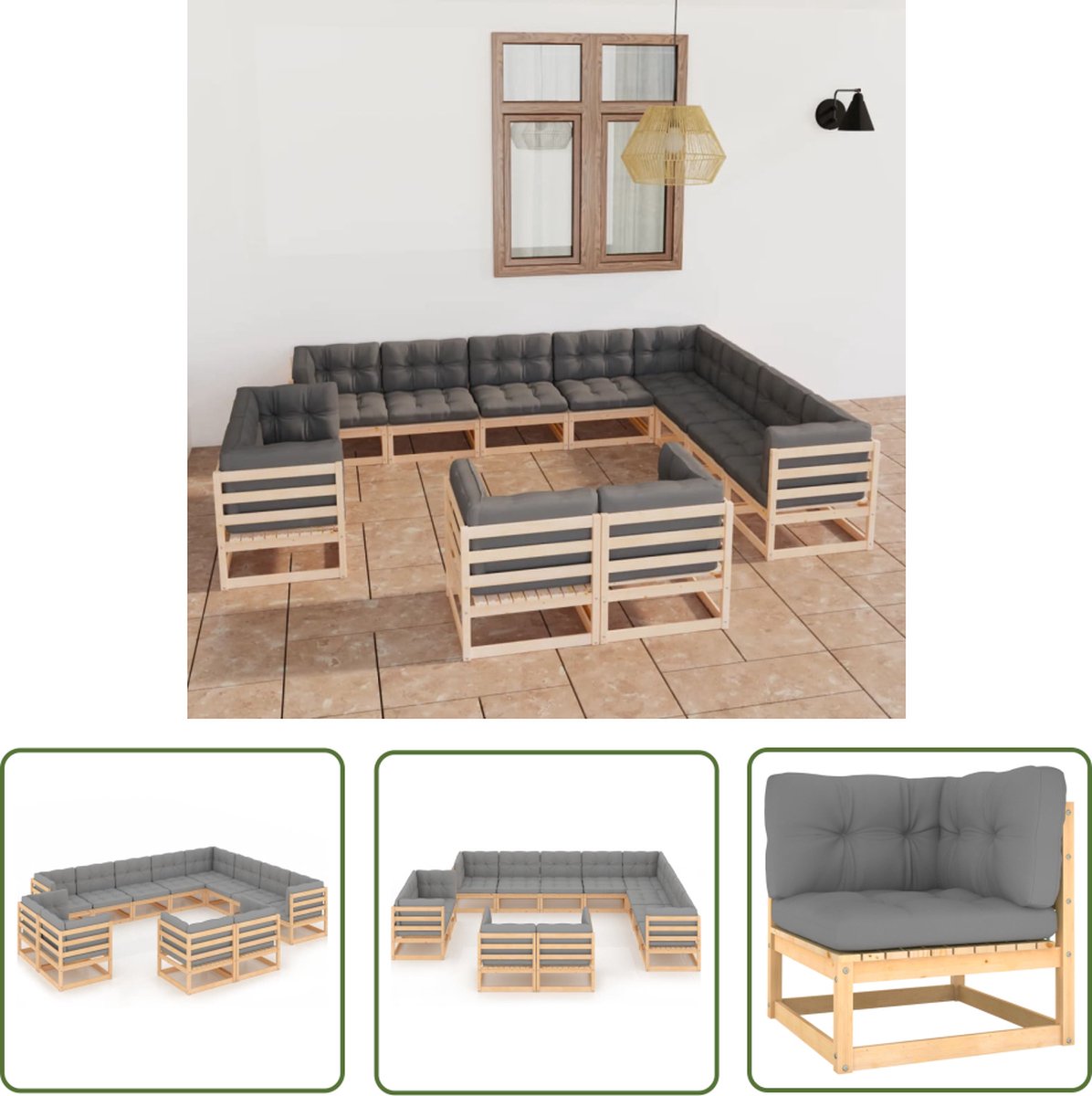 Massief grenenhouten loungeset met kussens en buisbank - Tuinmeubels.