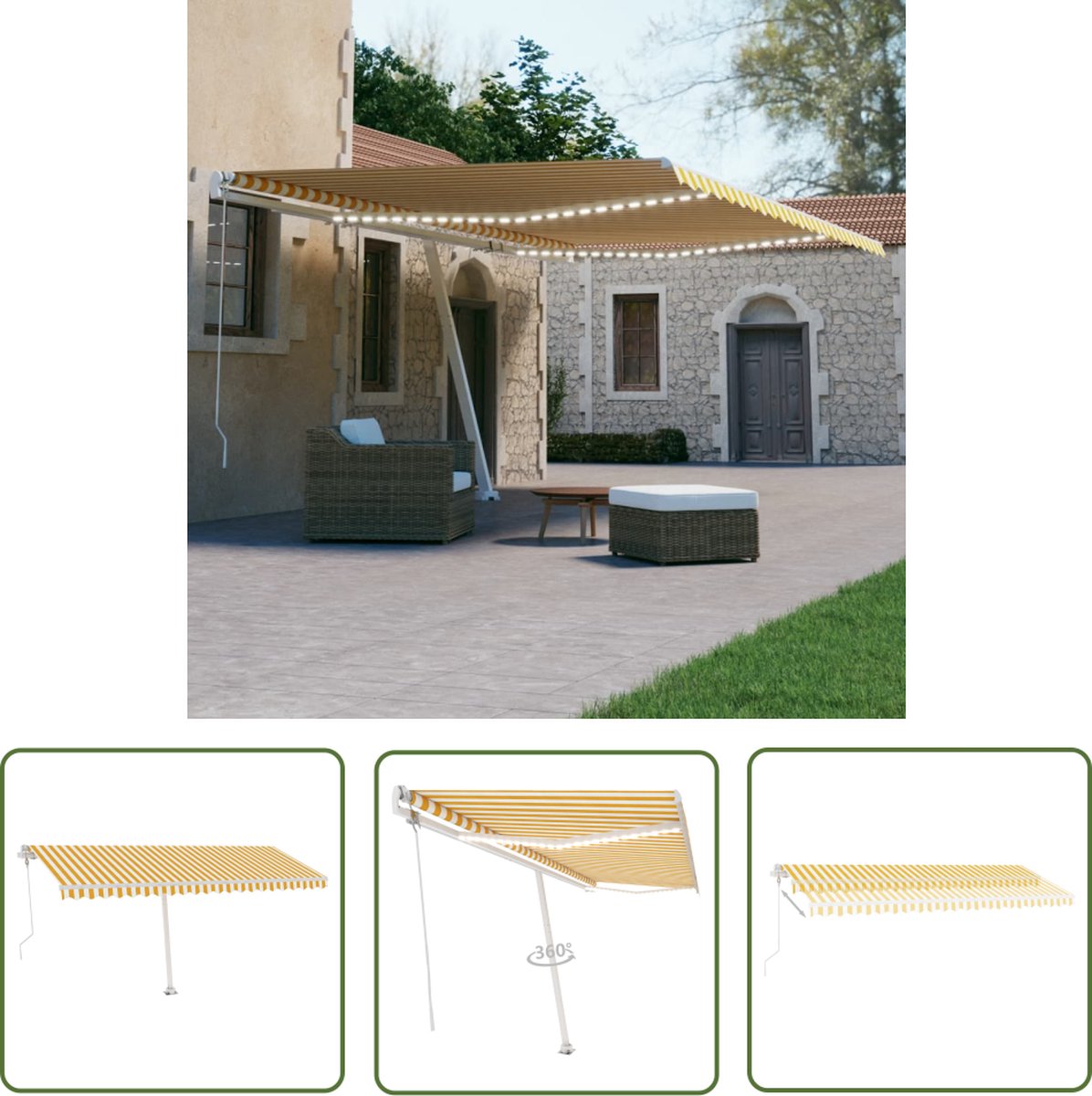 Automatic retractable yellow and white 500x300 cm patio canopy with LED lights and wind sensor.