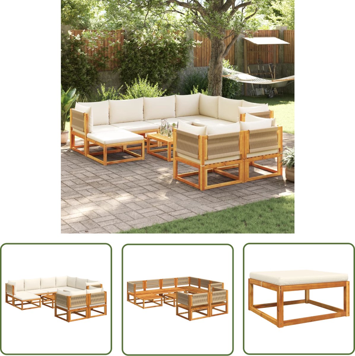 The Living Store Tuinset Acaciahout - Hoekbank - Zonder Armleuning - Voetenbank - Modulair Design - 65 x 65 x 29 cm - CrÃ¨mewit Kussen Tuinmeubels - Lounge Set - Acacia Hout - Hoekbank - Tuinset - Buitendecoratie - Outdoor Furniture - Relaxen