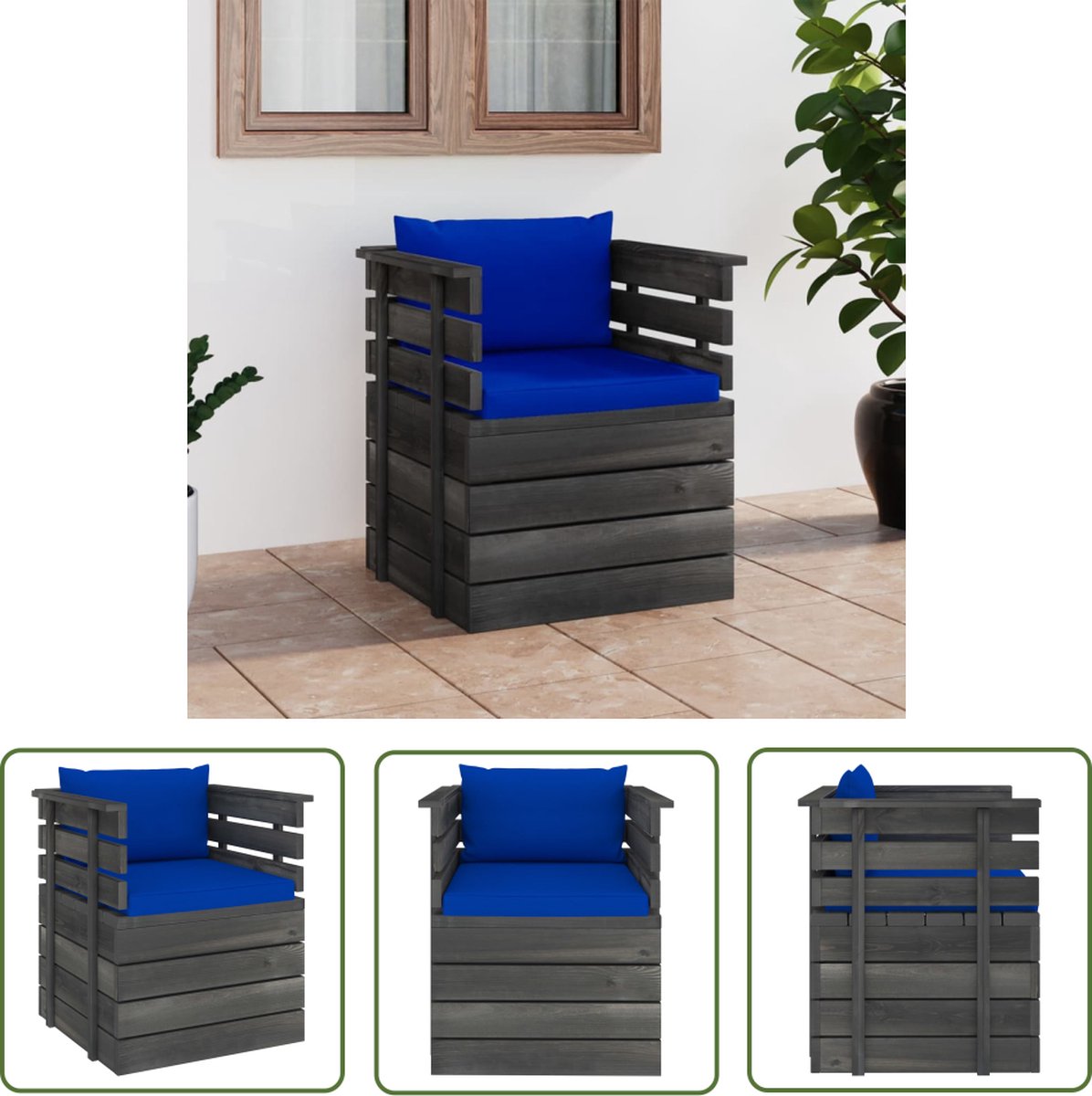 The Living Store Tuinfauteuil met kussens pallet grenenhout - Tuinfauteuil - Lounge Stoel - Buitendecor - Pallethouder - Granenhouten Meubil