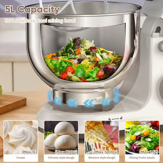 RM Store® - Elektrische Mixer - Keukenmixer Met Mengkom - Voedselmixer - Met Deeghaak En Garde - 11 Snelheden - OLED Scherm - Wit van RM Store® — afbeelding 5