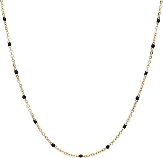 Gouden ketting met kleine zwarte kraaltjes, op een witte achtergrond.