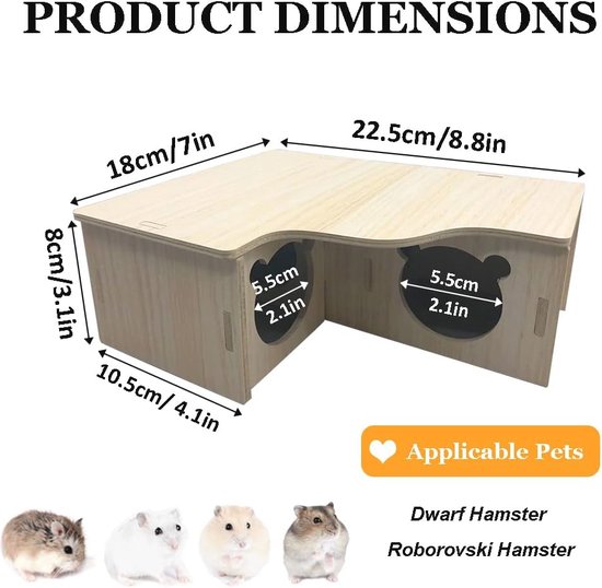 Vegena Hamster hoekhuis, houten hamsterhuis, 2 etages, hamsterkooi, verstopplaats, hoeketage, decoratieve accessoires voor dwerghamsters, gerbils
