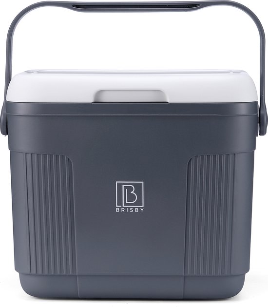 Grijze koelbox met witte deksel, handvat en verticale ribbels op de zijkant.