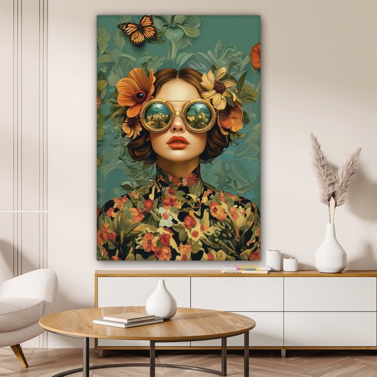 Peinture sur toile 80x120 cm - Décoration murale Femme - Fleurs - Papillons - Nature - Vintage - Décoration murale murale salon - Décoration chambre - Accessoires de chambre - Peintures