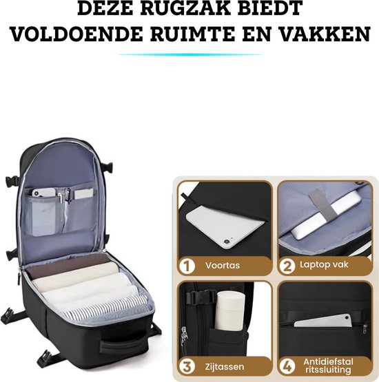 Zwarte rugzak met open vakken voor veel ruimte en organisatie. Vakken voor een tas, laptop, zijvakken en anti-diefstal rits.