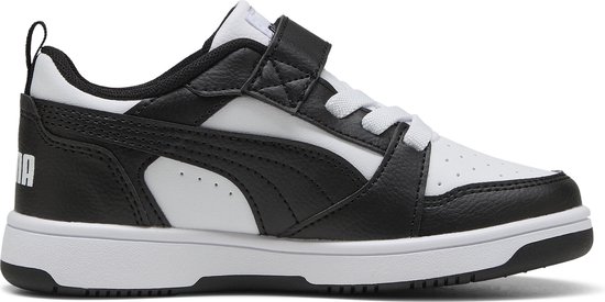 Puma Rebound V6 Lo AC+ PS sneaker in zwart en wit leer, met klittenbandsluiting.