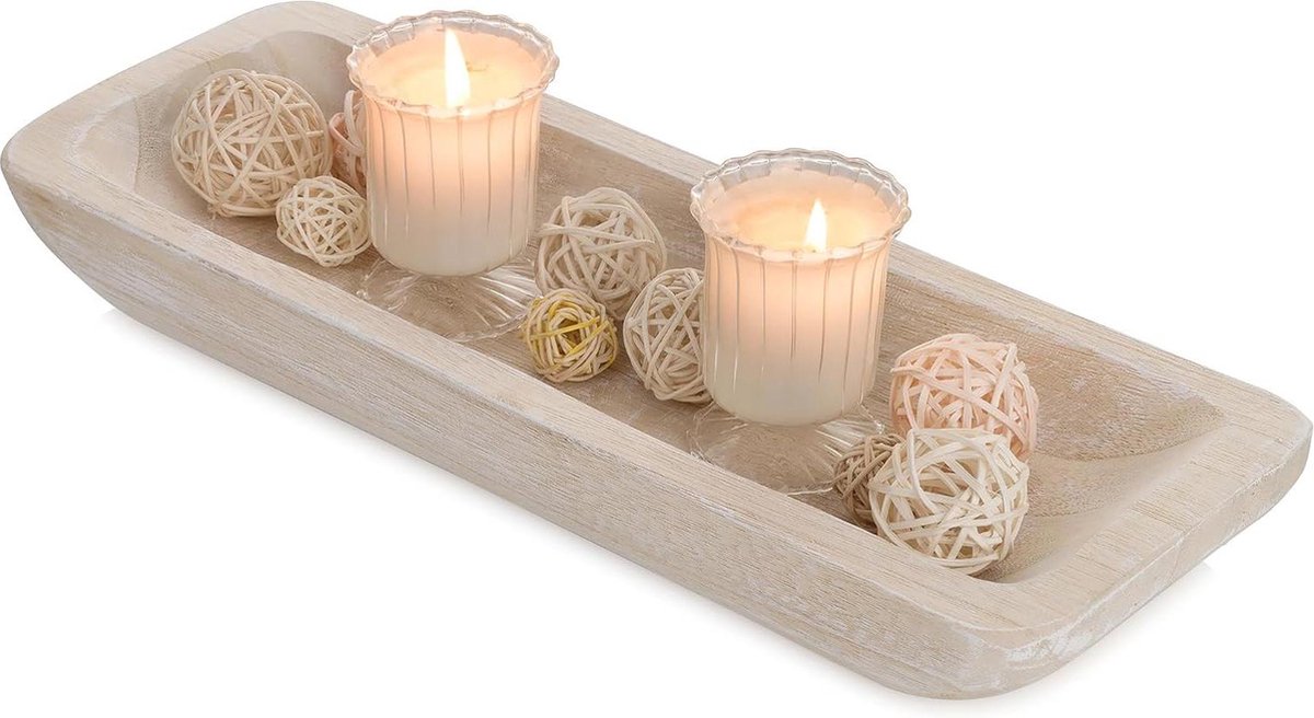 Decoratieve houten schaal - langwerpig houten dienblad - tafeldecoratie woonkamer - eettaf