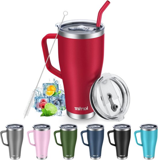 Gobelet isotherme avec paille 850 ml - Mug de voyage en acier inoxydable avec 2 couvercles - Mug à café de voyage pour boissons chaudes et froides