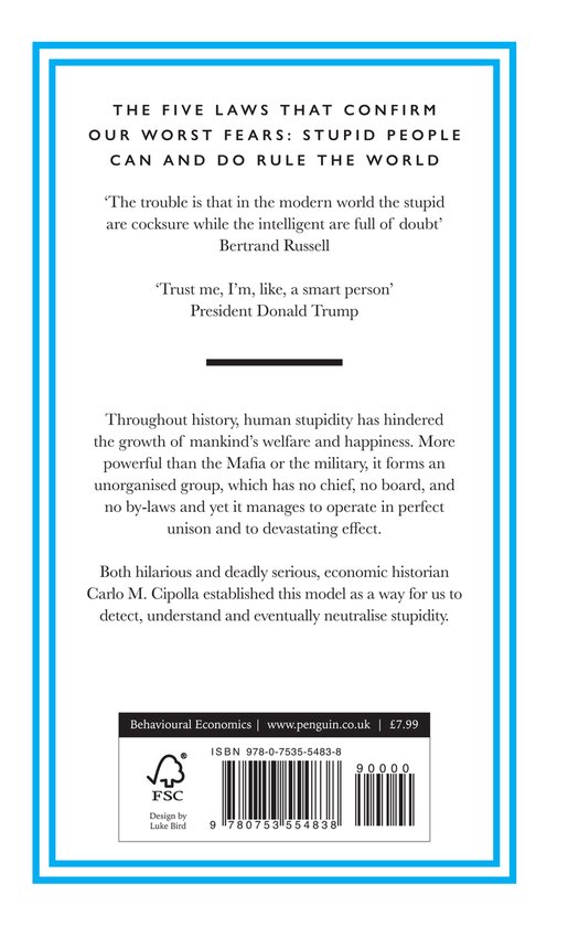 Achterkant boek 'The Basic Laws of Human Stupidity' met ISBN en tekst over het boek.