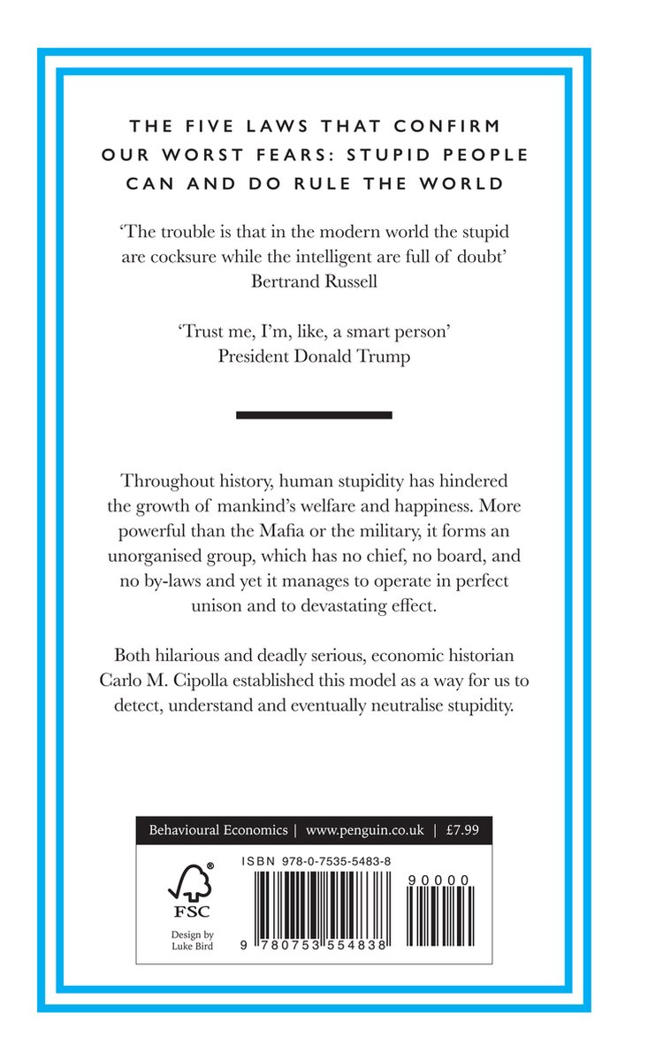 Achterkant boek 'The Basic Laws of Human Stupidity' met ISBN en tekst over het boek.