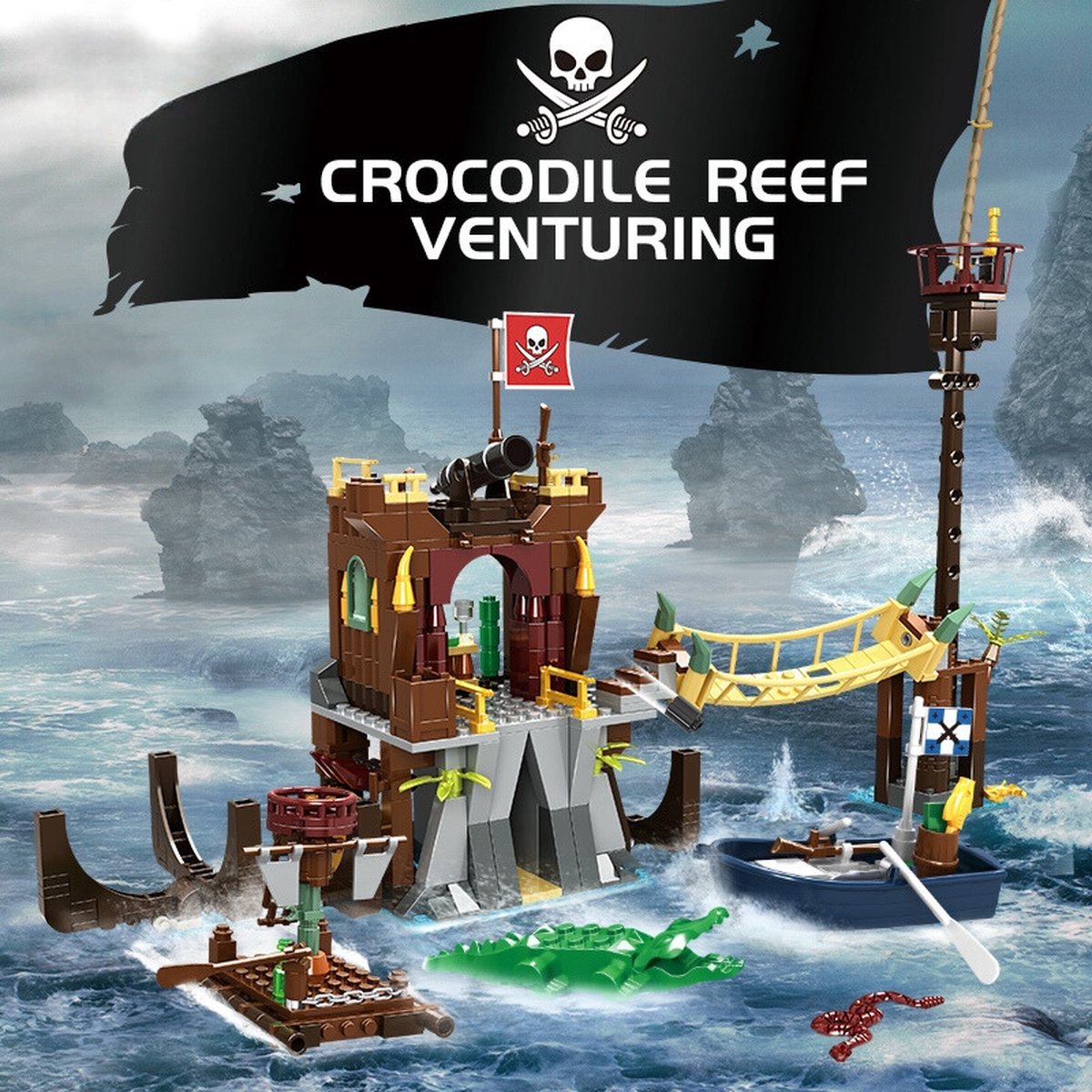 Woma - Pirate Crocodile Reef - Piraat bouwset - Piraten Bouwpakket - 3D Puzzel en Bouwblokken - Avontuurlijke Schatzoektocht - Creatief Educatief Speelgoed - Compatibel met LEGO bouwstenen - 442 Stuks