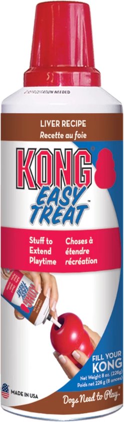 KONG Easy Treat leverpastei in spuitbus met rode dop. Tekst: LIVER RECIPE.