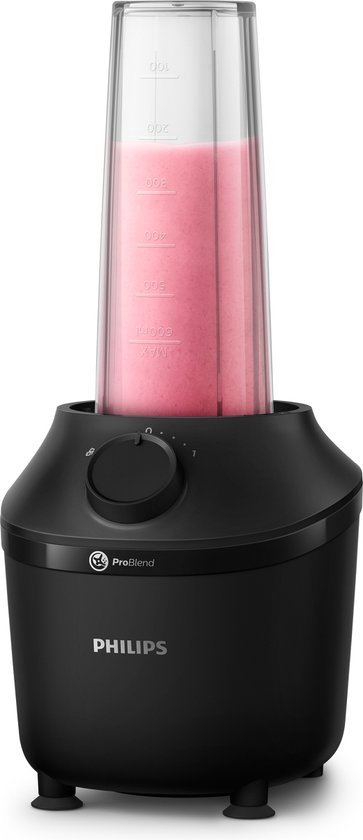 Zwarte Philips blender met een transparante beker met roze smoothie, met schaalverdeling.