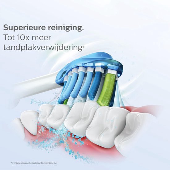 Illustratie van een Philips Sonicare C3 opzetborstel die de tanden reinigt met water.