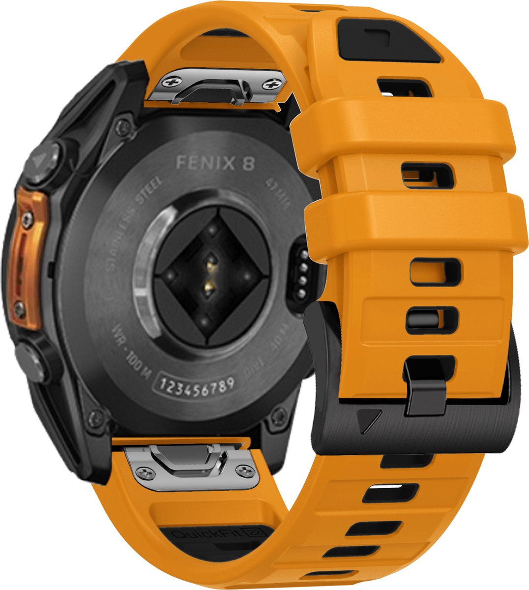 Stravo Siliconen bandje in Fenix 8 Stijl voor Garmin Fenix 5 (Plus)/Fenix 6 (Pro)/Fenix 7 (Pro-Sapphire-Solar)/Fenix 8-47mm/Fenix E-Garmin Epix (Pro) Gen 2-47mm - Quickfit 22 / 22mm band voor Garmin smartwatches - Horlogebandje - Oranje/zwart thumbnail 2