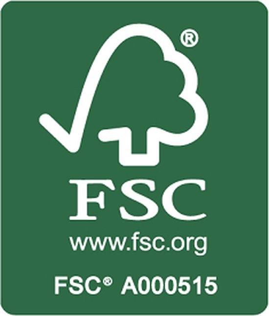 FSC-logo in wit op groene achtergrond, met website en certificeringsnummer.