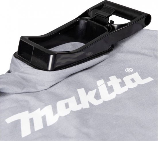 Close-up van de grijze opvangzak met Makita logo.