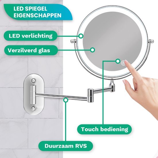 LED spiegel met LED verlichting, verzilverd glas, duurzaam RVS, flexibele arm en touch bediening.