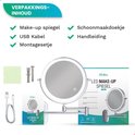 Verpakkingsinhoud: make-upspiegel, USB kabel, montage setje, schoonmaakdoekje en handleiding.
