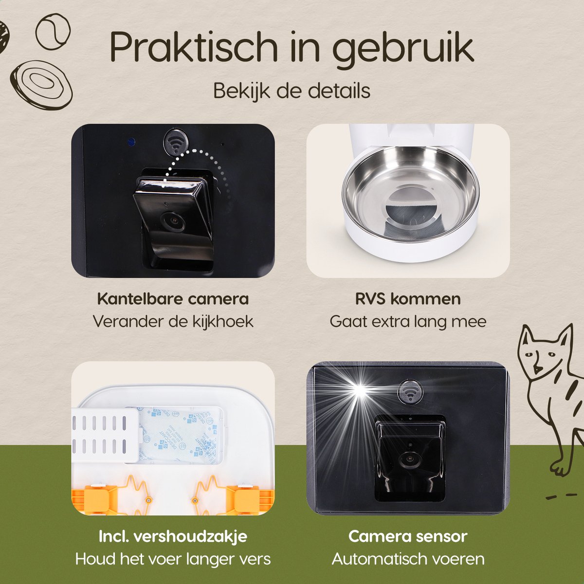 Prime AnimalZ Automatische voerbak kat & hond - Voerautomaat met Camera - enkele Voederbak met Full HD 1080P Camera - Two-way Audio - 6 Liter - Wit