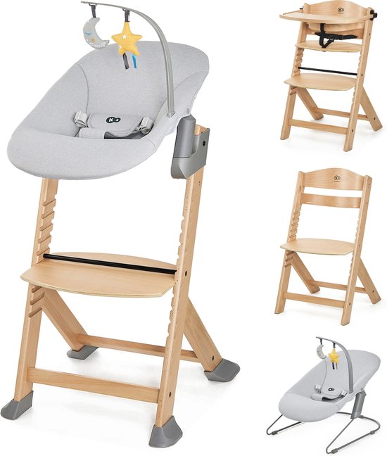 Kinderkraft ENOCK met CALMEE - Houten Kinderstoel 3-in-1 - Hoge babystoel - Hoogte verstelbaar in 5 niveaus - 3-punts gordels - schommelstoel met zachte bekleding - Tot 10 jaar - Natuur