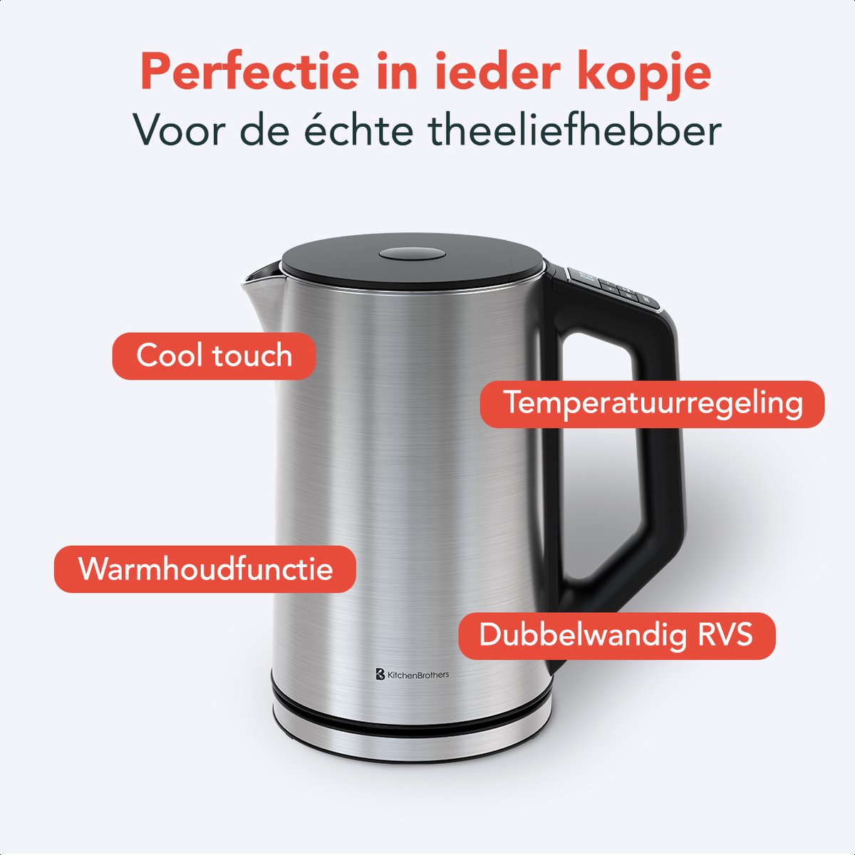 KitchenBrothers Waterkoker - Elektrisch - 1,5L - PFAS- & BPA-vrij - 2200W - Instelbare Temperatuurregeling - Dubbelwandig - Waterkoker RVS - Zilver – foto 3