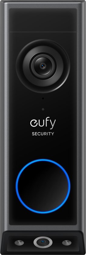 Sonnette Eufy noire avec objectif, cercle bleu et logo 'eufy SECURITY'.
