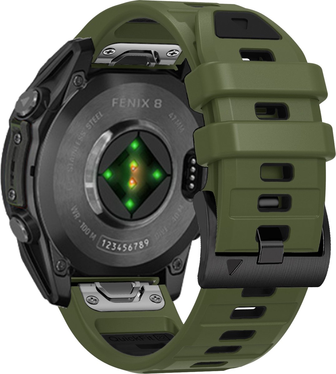 Stravo Siliconen bandje in Fenix 8 Stijl voor Garmin Fenix 5 (Plus)/Fenix 6 (Pro)/Fenix 7 (Pro-Sapphire-Solar)/Fenix 8-47mm/Fenix E-Garmin Epix (Pro) Gen 2-47mm - Quickfit 22 / 22mm band voor Garmin smartwatches - Horlogebandje - Groen/Zwart thumbnail 2