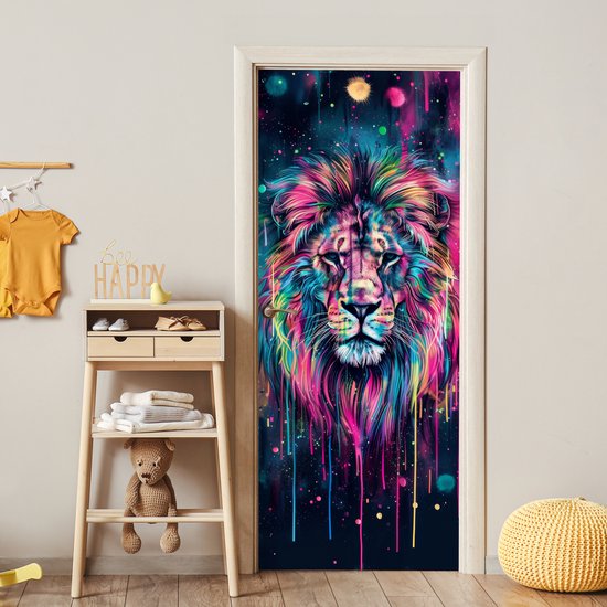 Deurposter 90x205 cm - Deursticker Leeuw - Verf - Kleurrijk - Zwart - Dieren - Meubelfolie zelfklevend - Deurfolie tienerkamer - Interieurfolie kinderkamer - Deur plakfolie - Deurbehang sticker - Kamer decoratie tieners