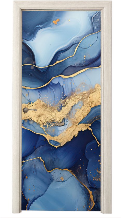 Poster porte 85x205 cm - Sticker porte Marbre - Blauw - Or - Abstrait - Film meuble autocollant - Film porte salon - Papier peint fotobehang intérieur - Film adhésif porte - Stickers porte - Sticker porte - Décoration chambre