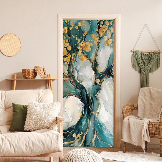 Deurposter 80x205 cm - Deursticker Boom - Modern - Verflook - Turquoise - Goud - Meubelfolie zelfklevend - Deurfolie woonkamer - Interieurfolie fotobehang - Deur plakfolie - Deurstickers - Deurbehang sticker - Kamer decoratie