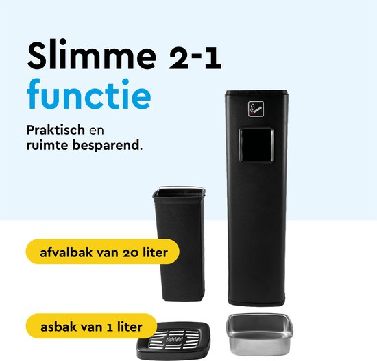 Zwarte staande asbak met 20 liter afvalbak en 1 liter asbak, praktisch en ruimtebesparend.