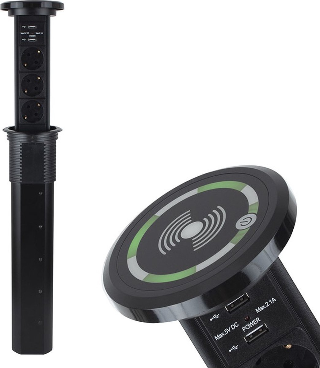 DesignLight Liftbox - Stekkerdoos Automatisch – Qi-draadloze lader - Pop up stekkerblok met 3 stopcontacten en 2x USB A - Inbouw verdeelstekker -Zwart