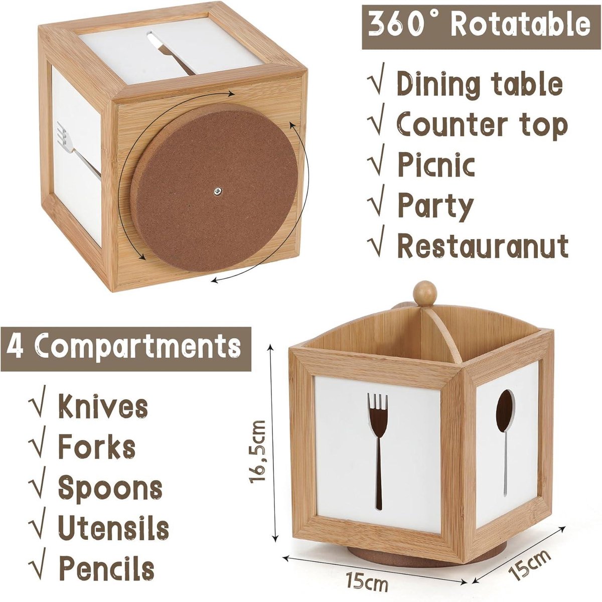 Nevolis Bestekhouder tafel 4 vakken draaibare bestekbox met decoratief bestekpatroon voor lepels vorken en messen houten bestekstandaard bestekorganizer bestekmand tafelorganizer - opbergsysteem keukengerei .