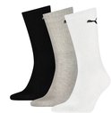 Drie paar PUMA crew sokken in zwart, grijs en wit met zwarte en witte logo's.