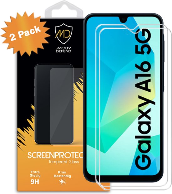 2-pack MobyDefend screenprotectors voor Samsung Galaxy A16 5G, met oranje '2 Pack' sticker.