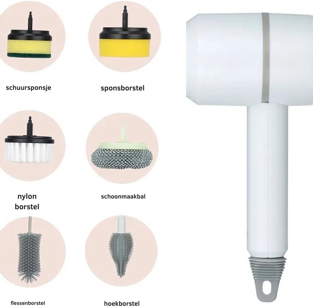 Goedkoopste Elektrische Schoonmaakborstel - Hand Schrobber - Schoonmaak borstel elektrisch - Oplaadbaar - Schrobborstel - Schrobmachine - Poetsmachine met 6 opzetstukken - Voor badkamer of keuken - Wit