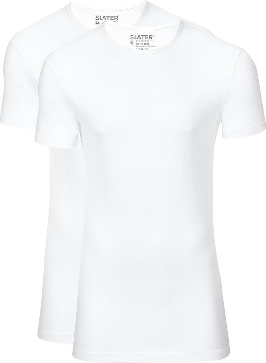 Twee witte Slater T-shirts met korte mouwen en ronde hals.