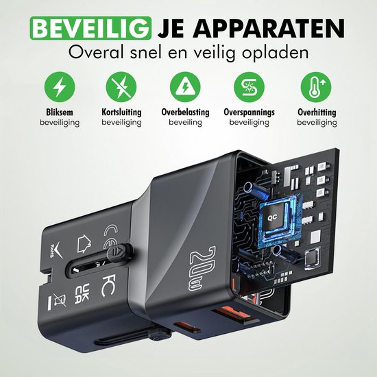 Zwarte reisstekker met openklapbare interne componenten die beveiligingsfuncties tonen.