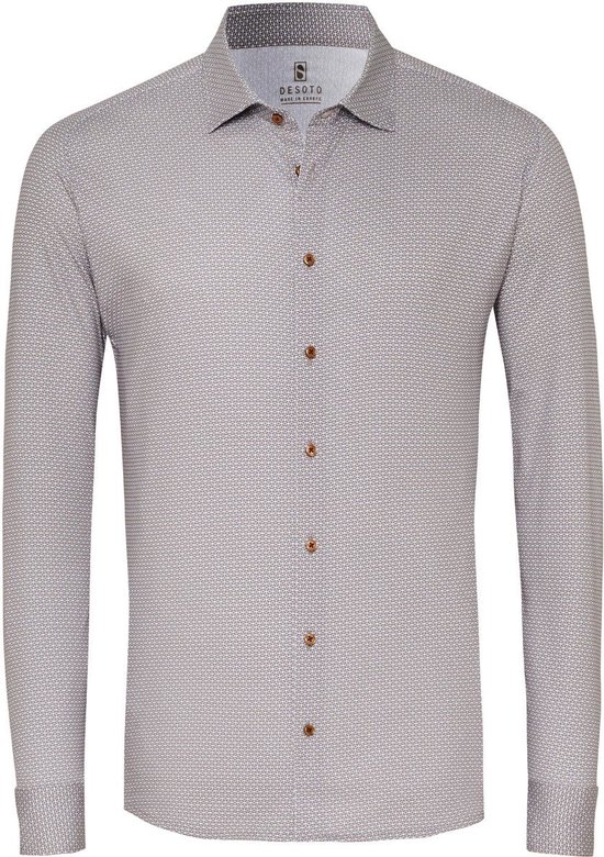 Beige print Desoto overhemd met lange mouwen en bruine knopen.