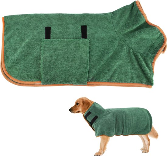 Honden Badjas - Microvezel Hondenbadjas - Ruglengte 60 Cm - Maat L - Super Absorberende Badjas Voor Huisdieren - Met Klittenbandsluiting - Nekomtrek Tot 66cm - Borstomtrek Tot 100 Cm - Referentiegewicht 25-35kg - Groen - 1 Stuk