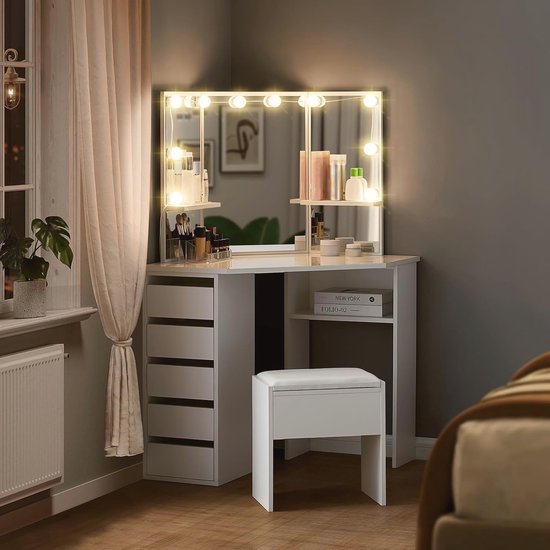 Kaptafel Vanity Bureau met 3 Laden, Moderne en Eenvoudige Vanity Set, Inclusief Led Make-up Spiegel en Stoel, Perfect for Vrouwen, Meisjes Make-up bureau(Wit,L 100cm
